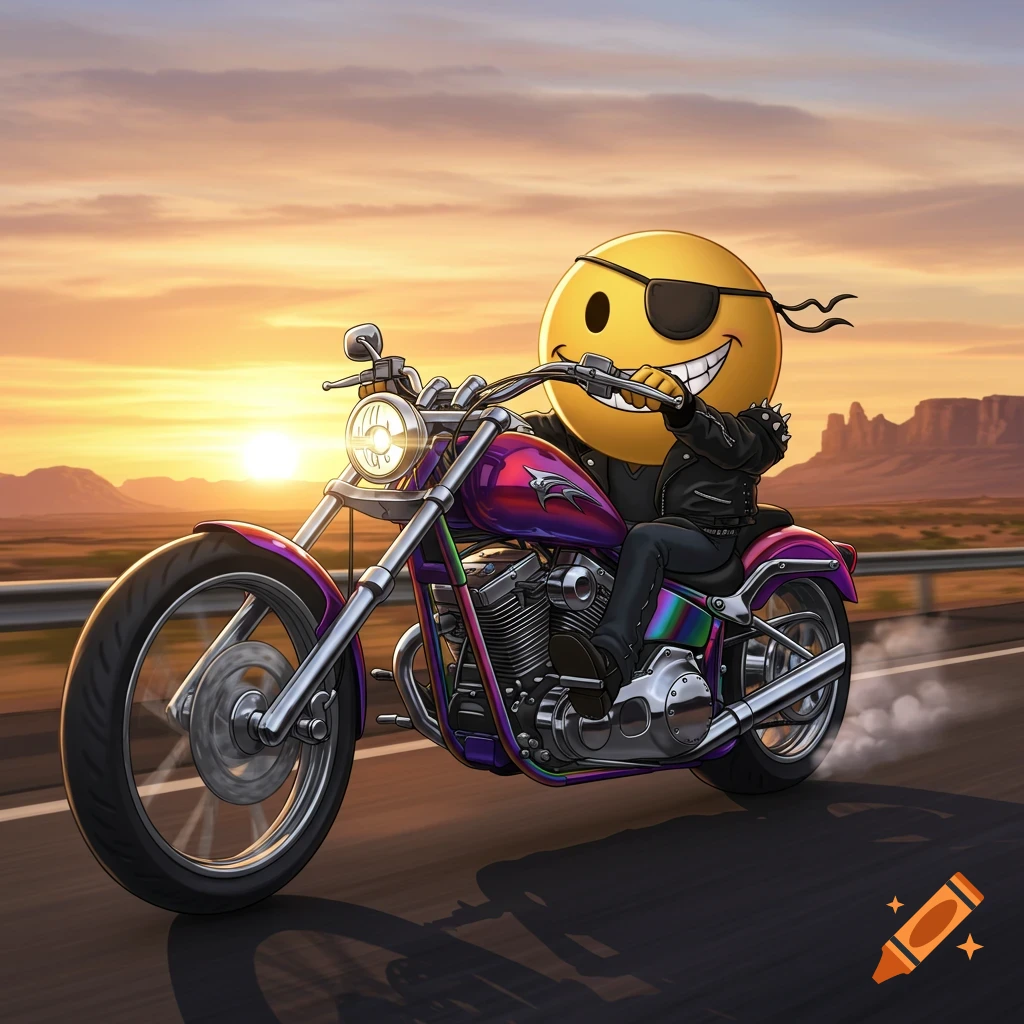 A cartoonish pirate smiley face emoji rides a rainbow-colored chopper motorcycle down a desert highway at sunset.