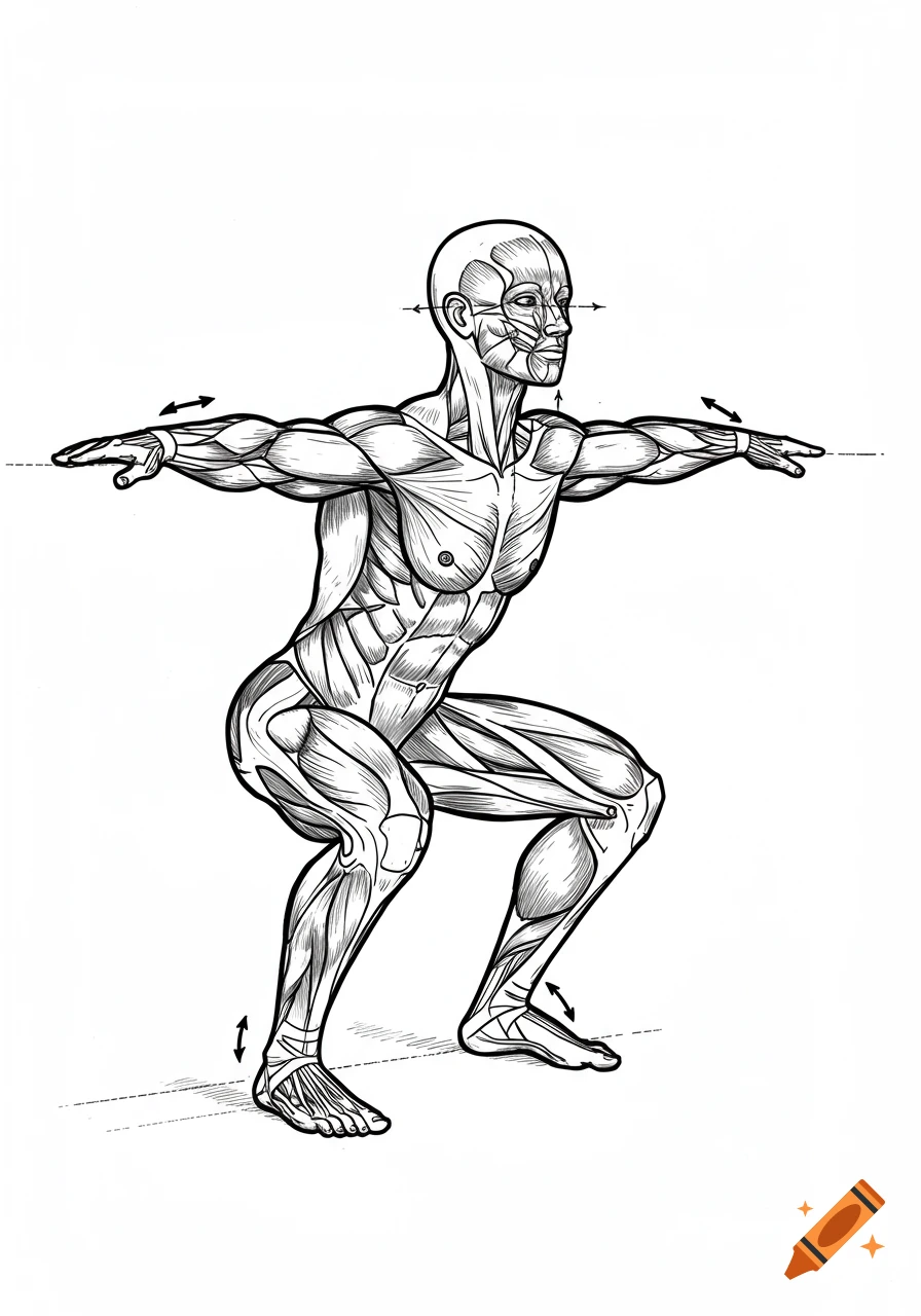 Black line art anatomical illustration of a human figure in a deep squat pose, showing muscle detail.