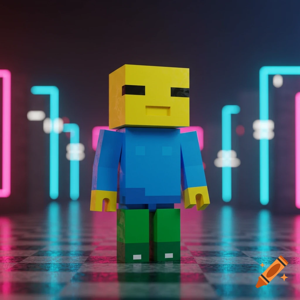A 3D voxel art blocky figure with a yellow head, blue torso, and green legs, standing on a checkered floor with neon lights.