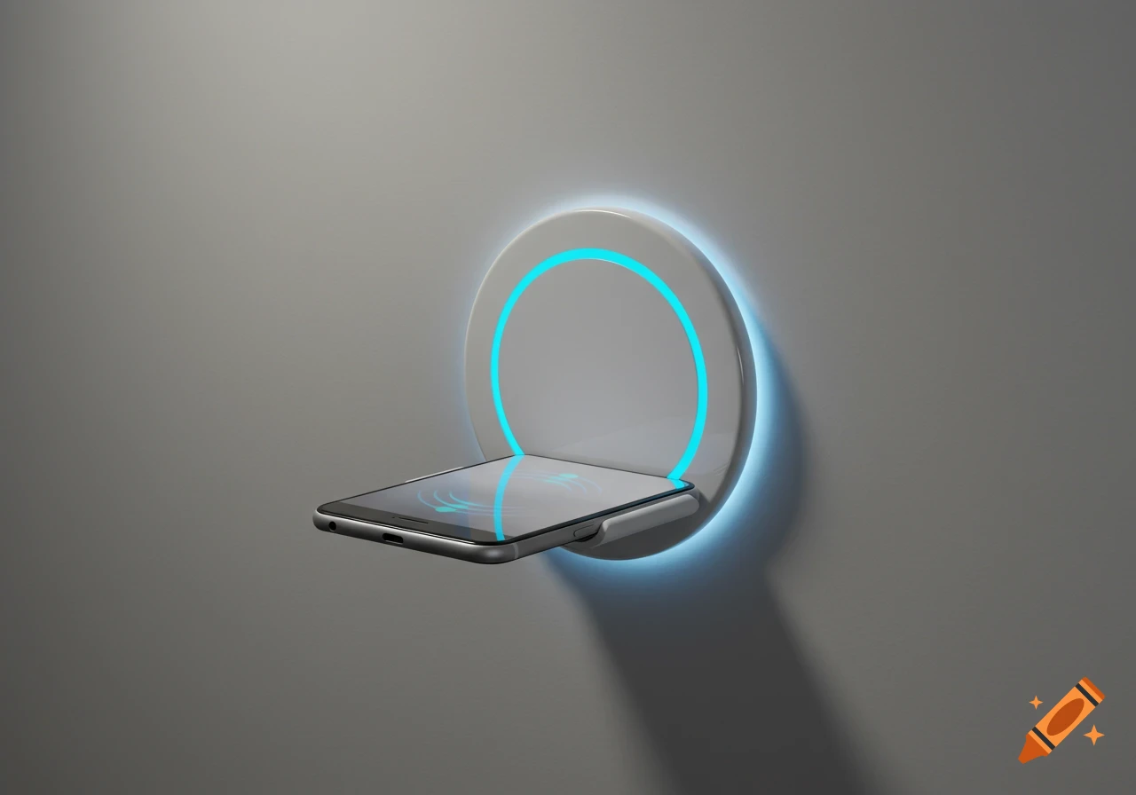 Sleek wall-mounted wireless phone charger with a blue glowing ring, charging a smartphone in a minimalist setting.