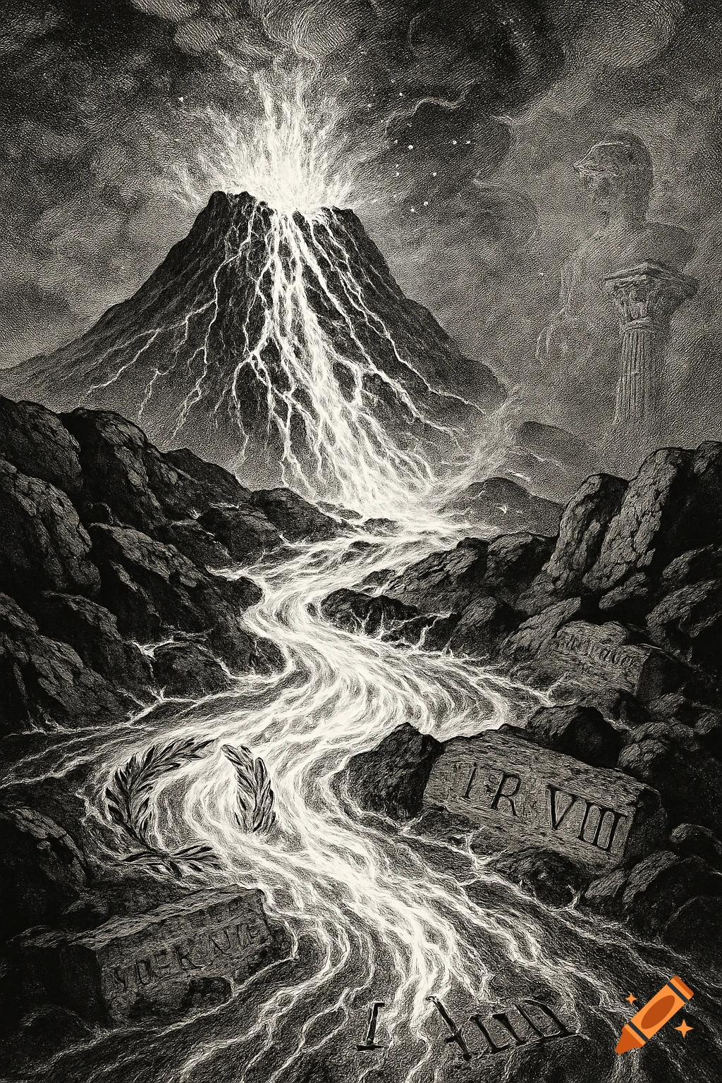 A black and white ink illustration of an erupting volcano with glowing lava flowing through cracked rocks. Roman ruins are visible.