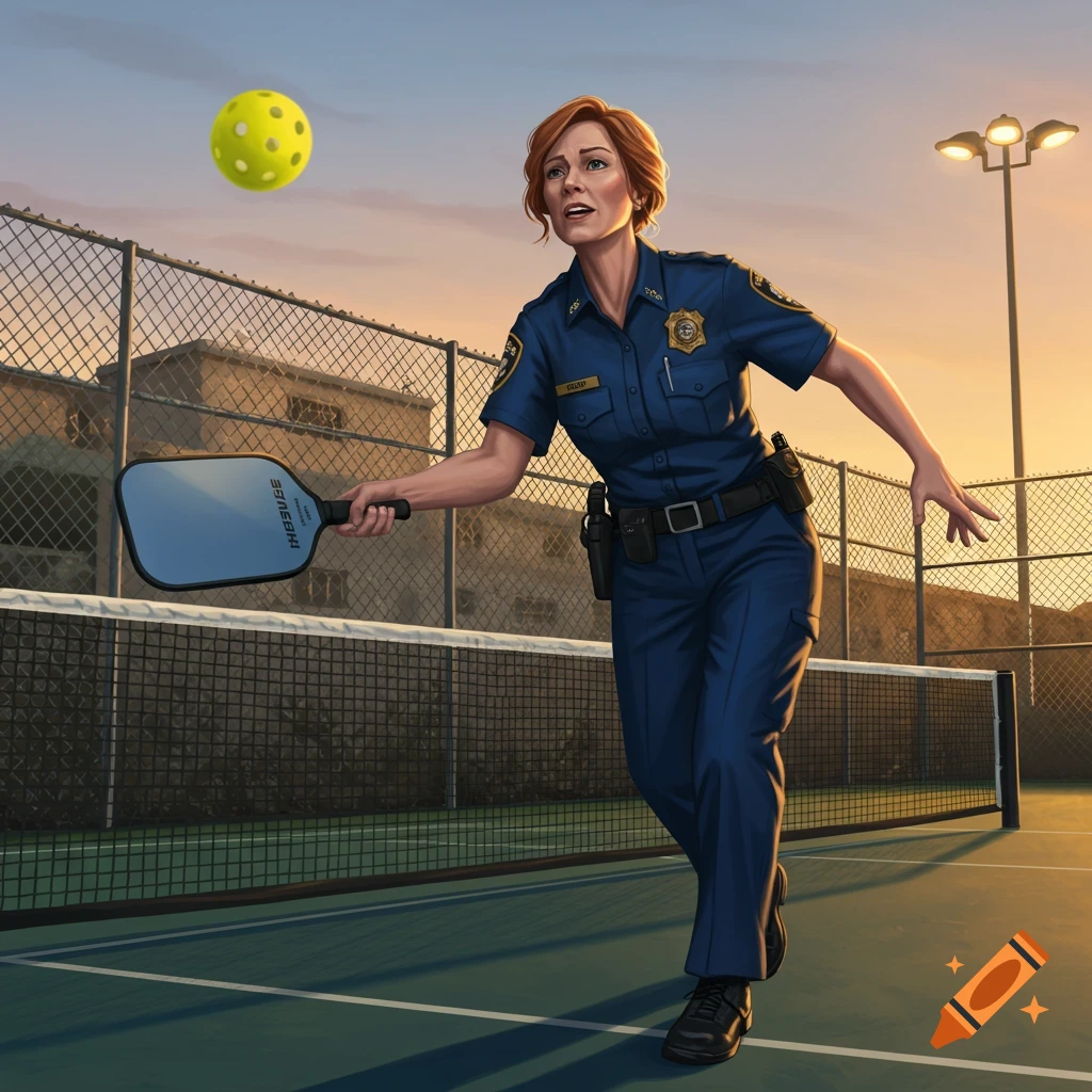 Middle-aged red-haired female prison guard in uniform playing pickleball on an outdoor court at sunset.
