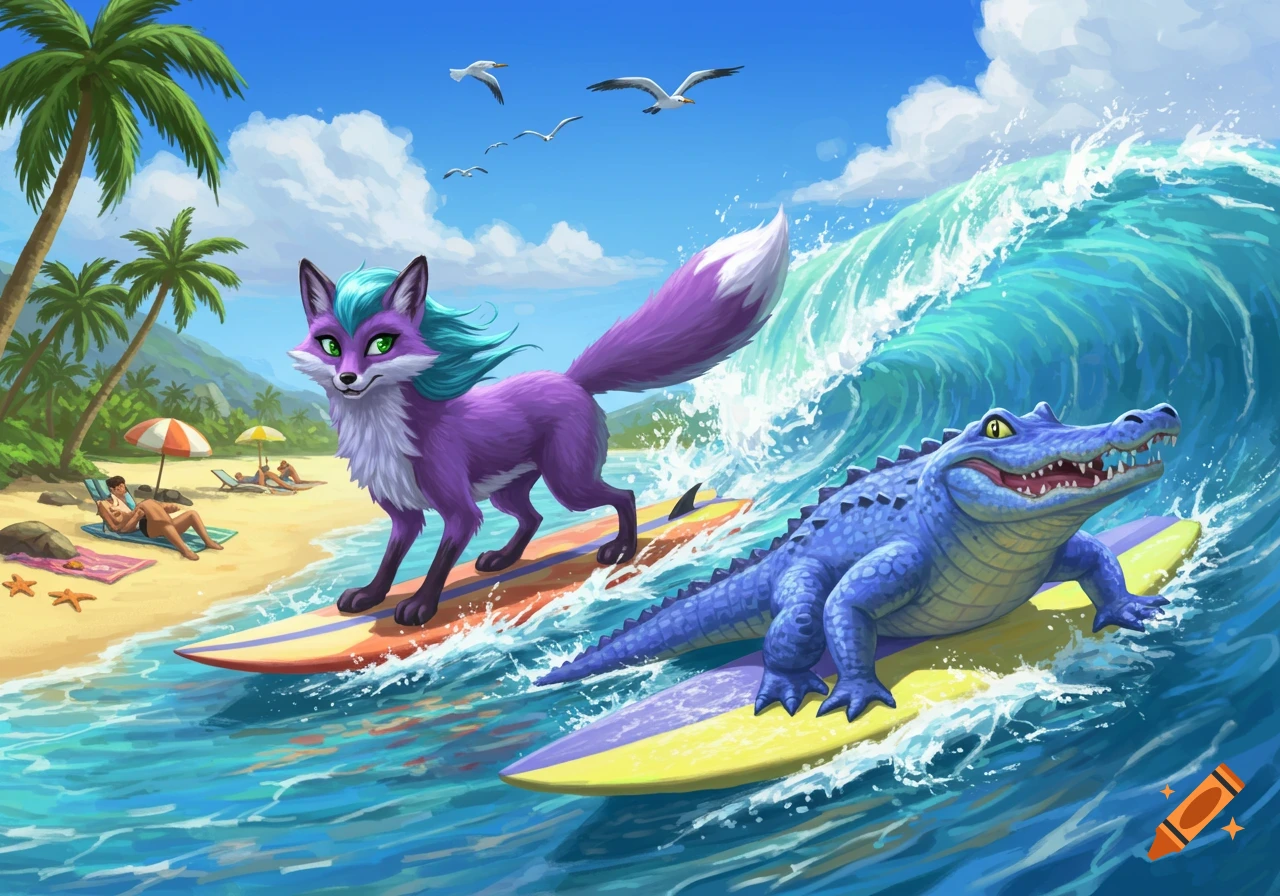 A whimsical digital illustration of a purple fox and a blue alligator surfing a large wave at a sunny tropical beach.