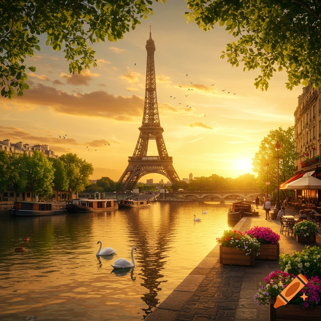 Photorealistic view of the Eiffel Tower and Seine River in Paris at sunset, with boats, swans, and a riverside cafe.