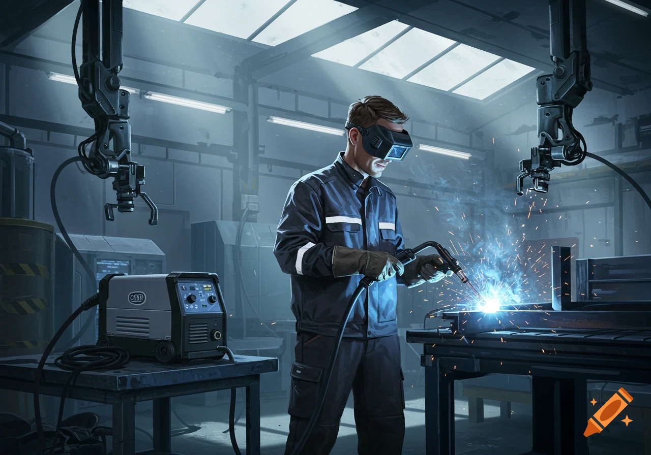 A man in a blue uniform and futuristic visor welds in a factory, sparks flying. A welding machine and robotic arms are visible.