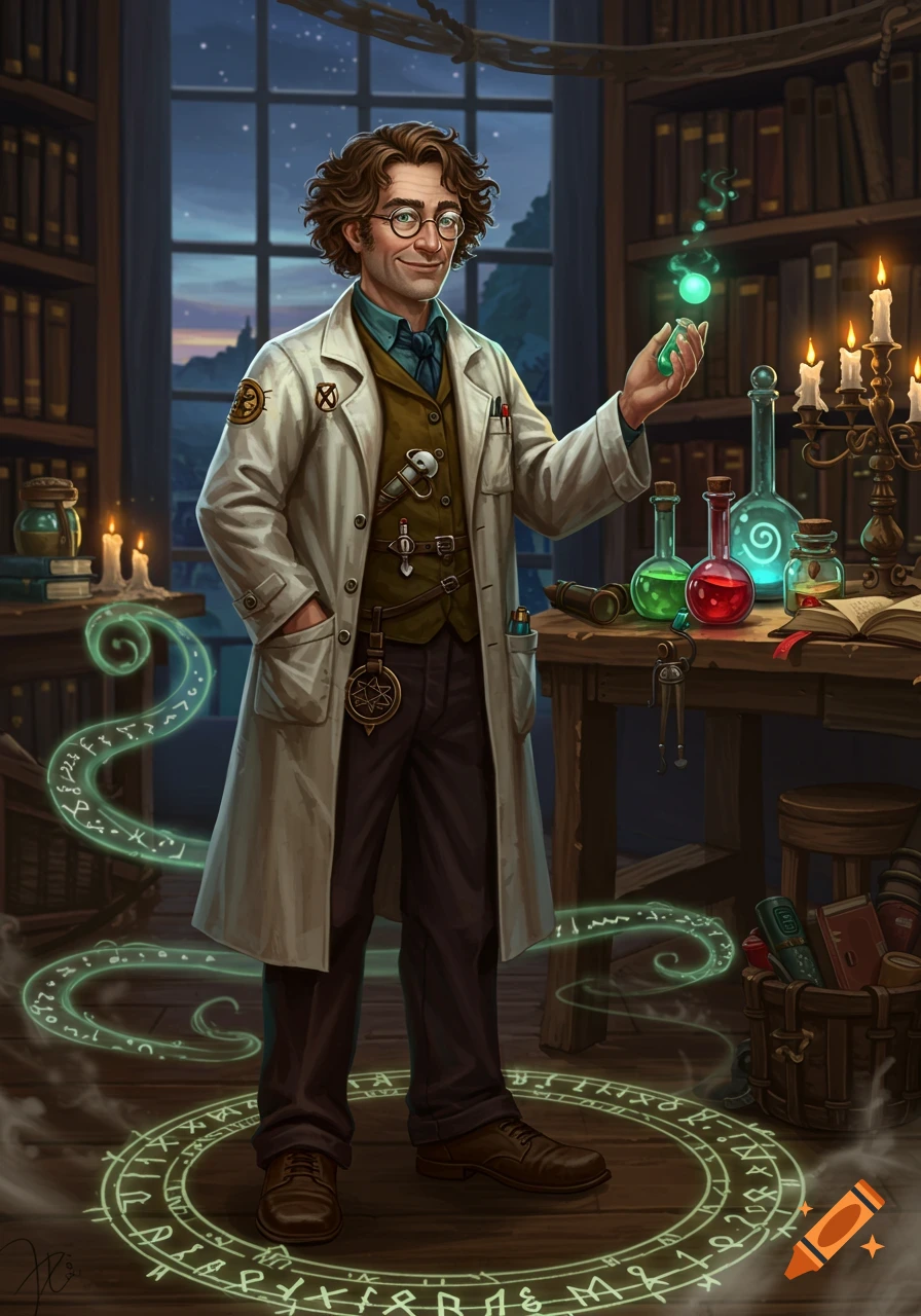 A smiling man in a lab coat and glasses stands in an alchemist's lab, holding a glowing green potion, with magical runes on the floor.
