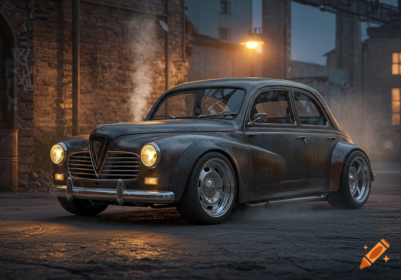 Photorealistic image of a dark, rusty Peugeot 203 rat rod with headlights on, parked on an urban street at night.