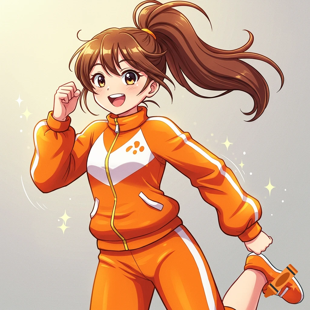 An anime girl with brown hair in a high ponytail wears an orange and white jogging suit and runs cheerfully.