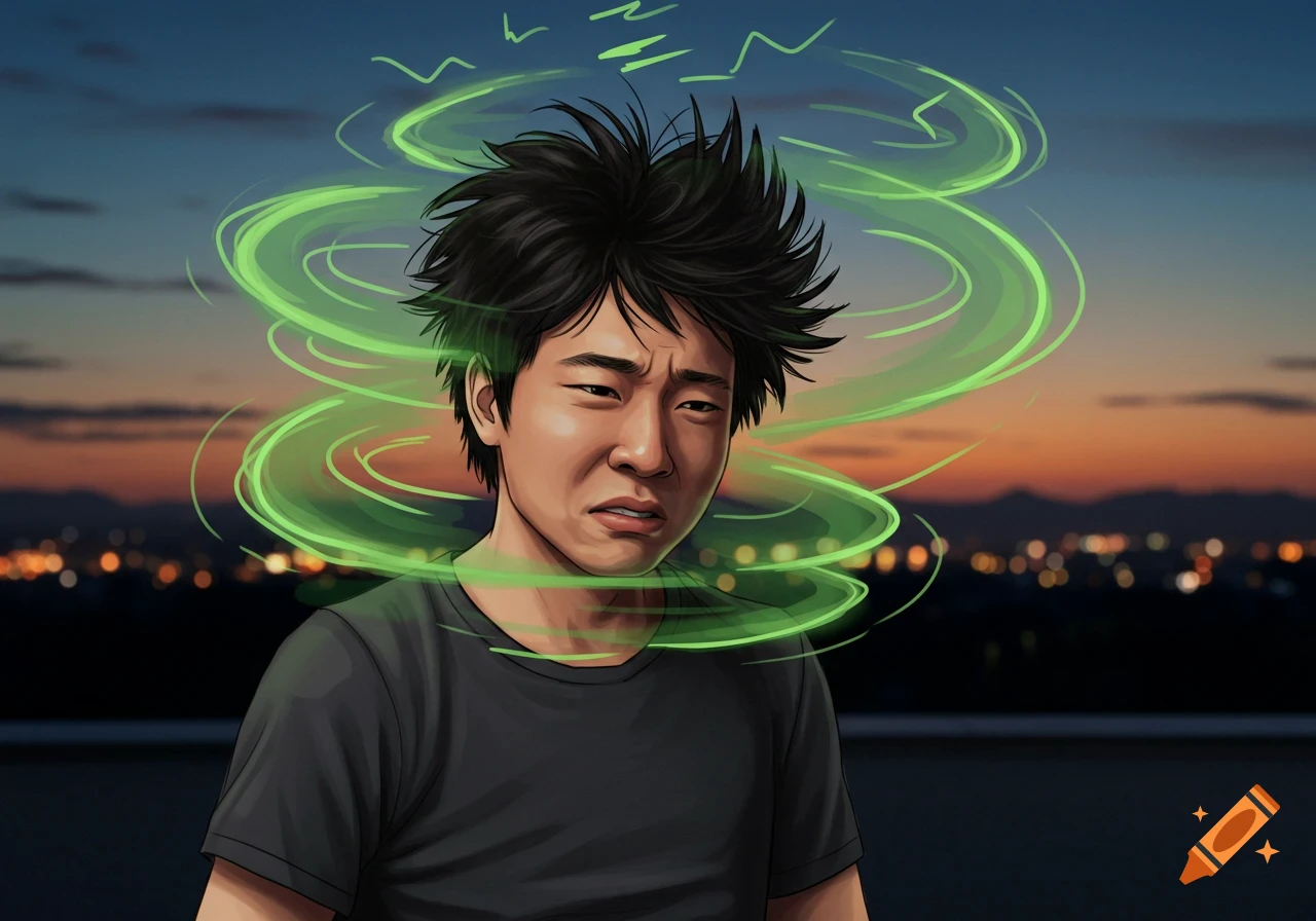 Cartoon illustration of a young Asian man with spiky black hair, making a disgusted face, with green swirling lines around his head.