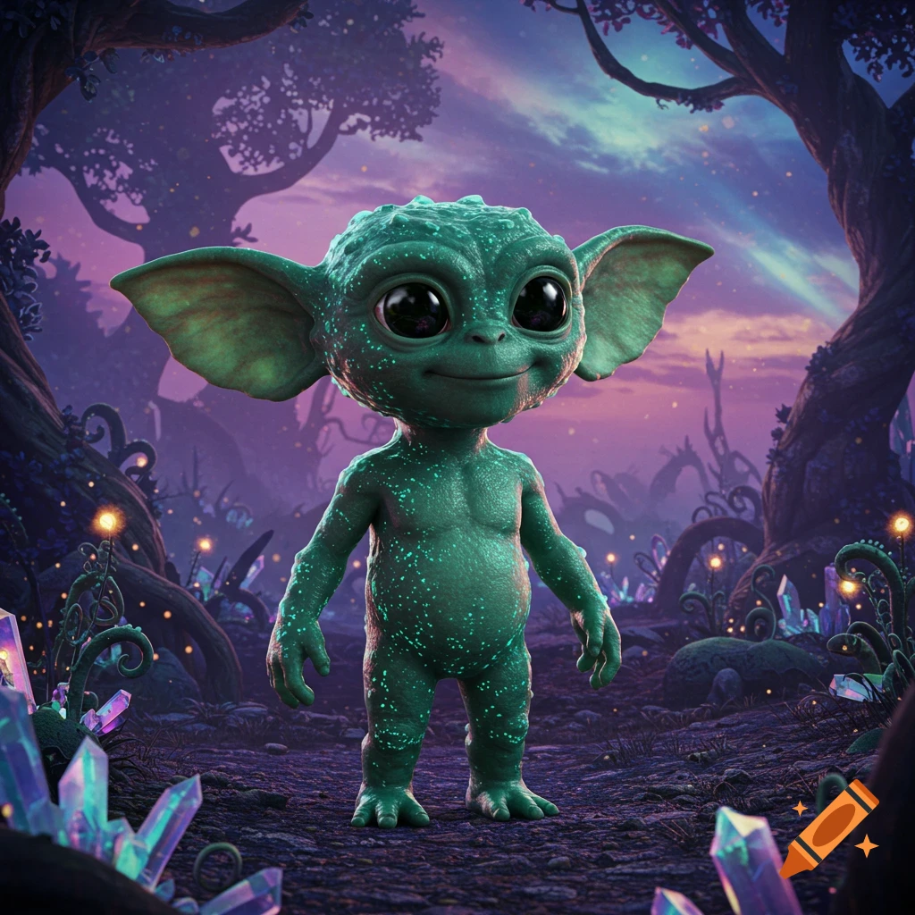A cute green alien creature with large ears and eyes stands in a vibrant, glowing fantasy forest with crystals.