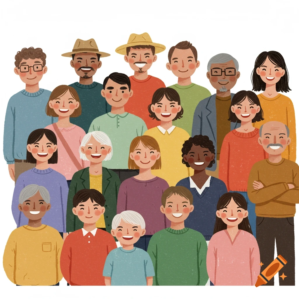 A diverse group of smiling, happy people of all ages and ethnicities, depicted in a warm, friendly illustration style.