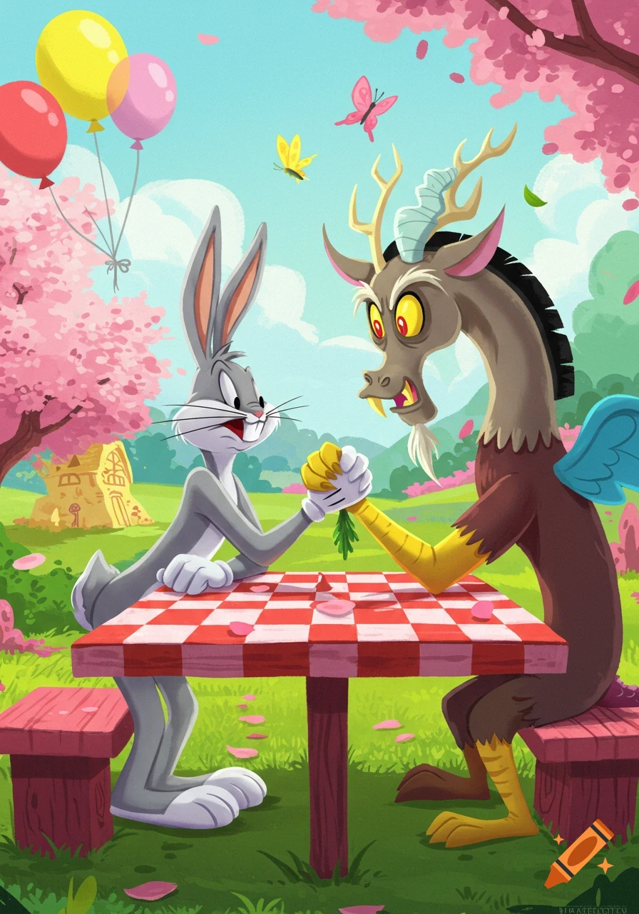 Bugs Bunny and Discord from My Little Pony arm wrestle at a red and white checkered picnic table in a vibrant, blooming park.