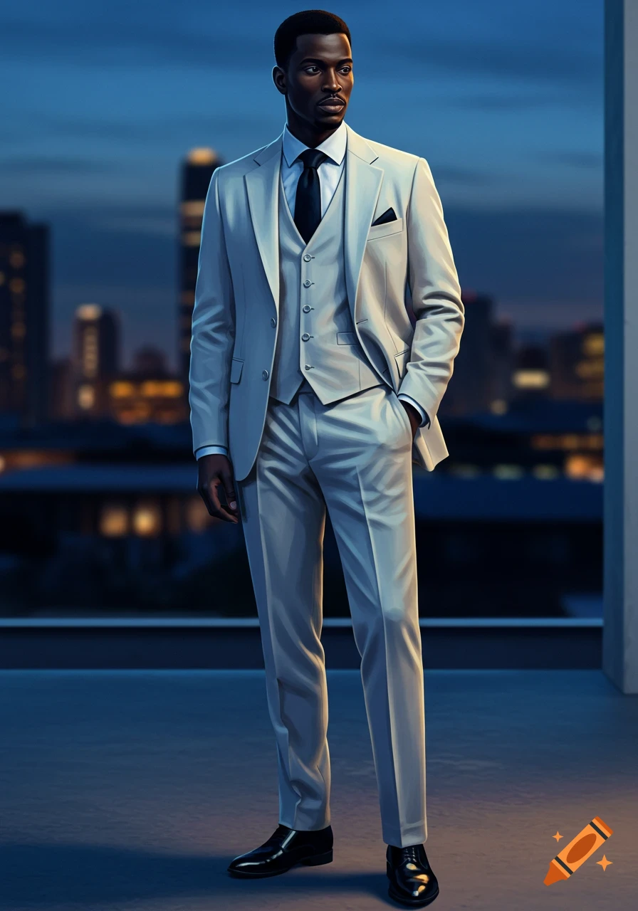 A stylish Black man in a light grey three-piece suit and black tie stands on a rooftop with a city skyline at dusk.