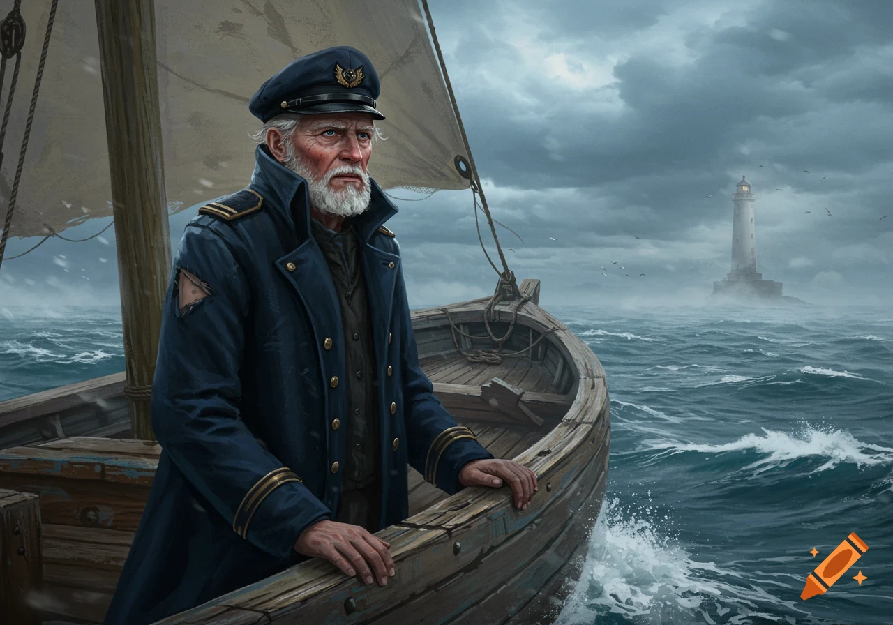 A white-bearded old mariner in a blue coat stands on a wooden boat on a stormy sea, with a lighthouse in the distance. Digital painting.