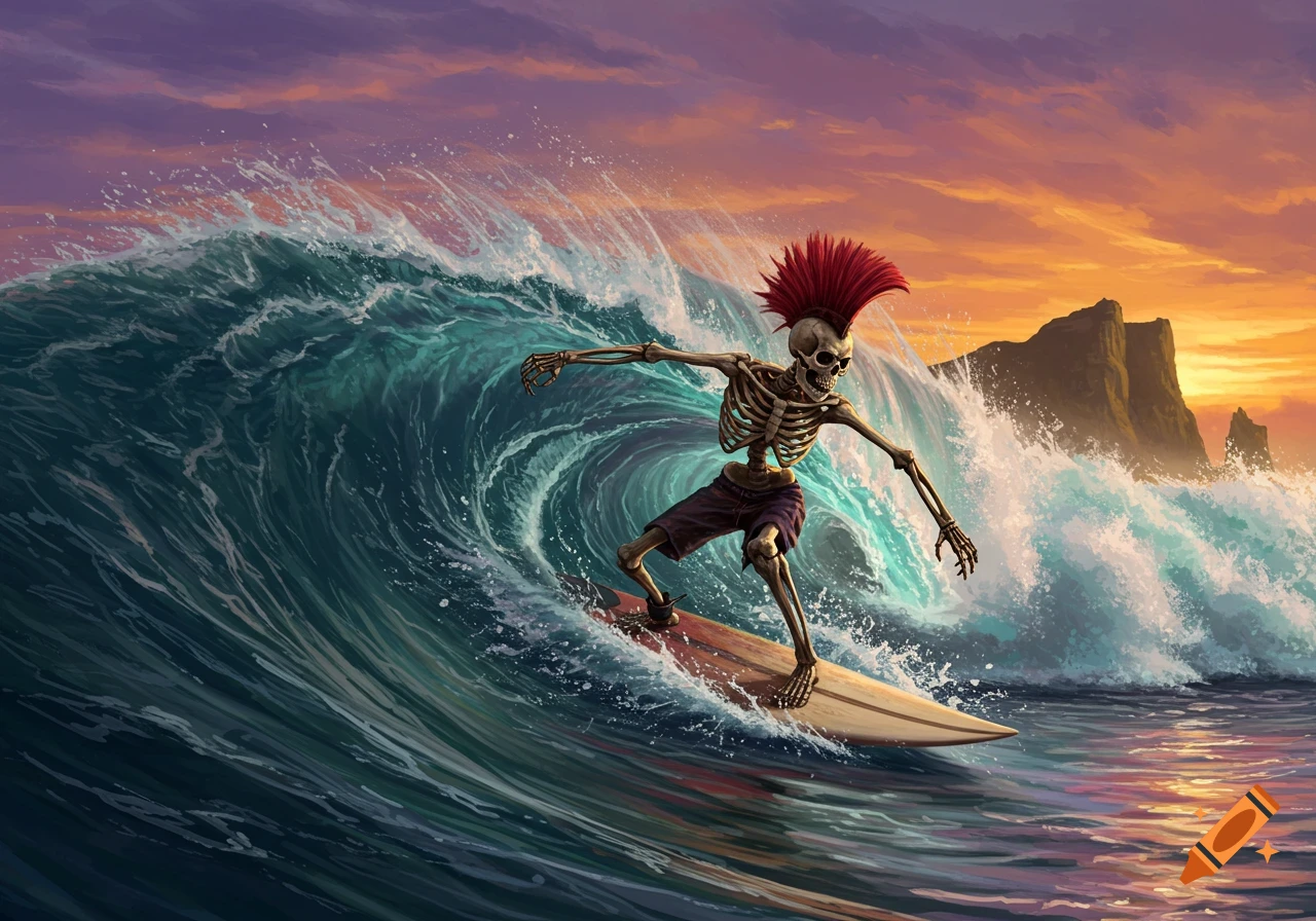 A cartoonish skeleton with a red mohawk surfs a large, breaking wave under a dramatic sunset sky with cliffs.