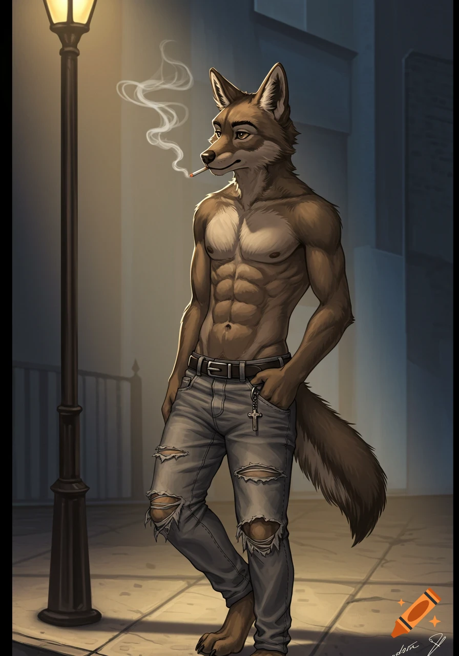 A muscular shirtless anthropomorphic coyote in ripped jeans with a cross charm, smoking a cigarette under a lamppost on a street.
