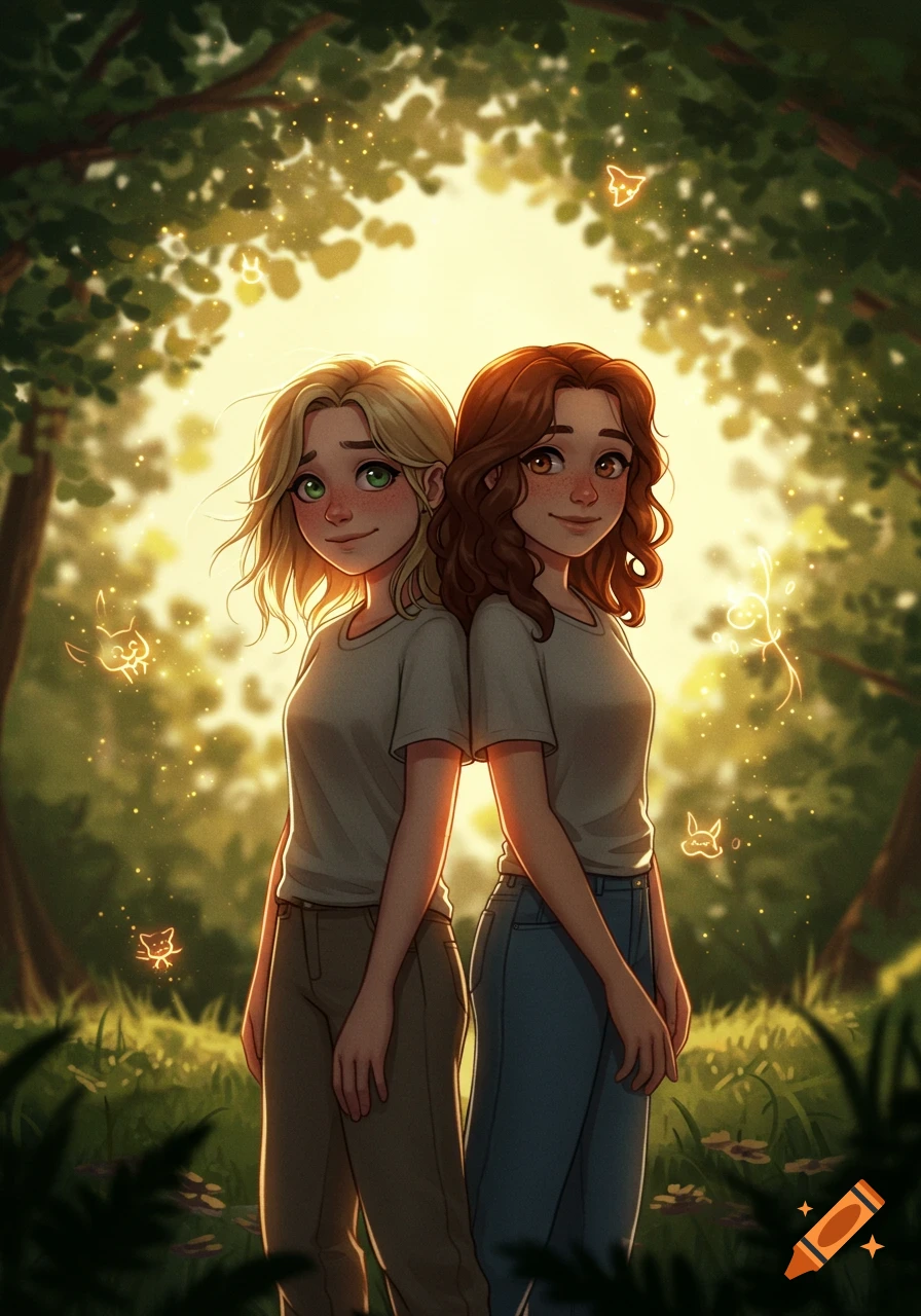 Animated illustration of two smiling girls with magical glowing shapes in a sunny forest.