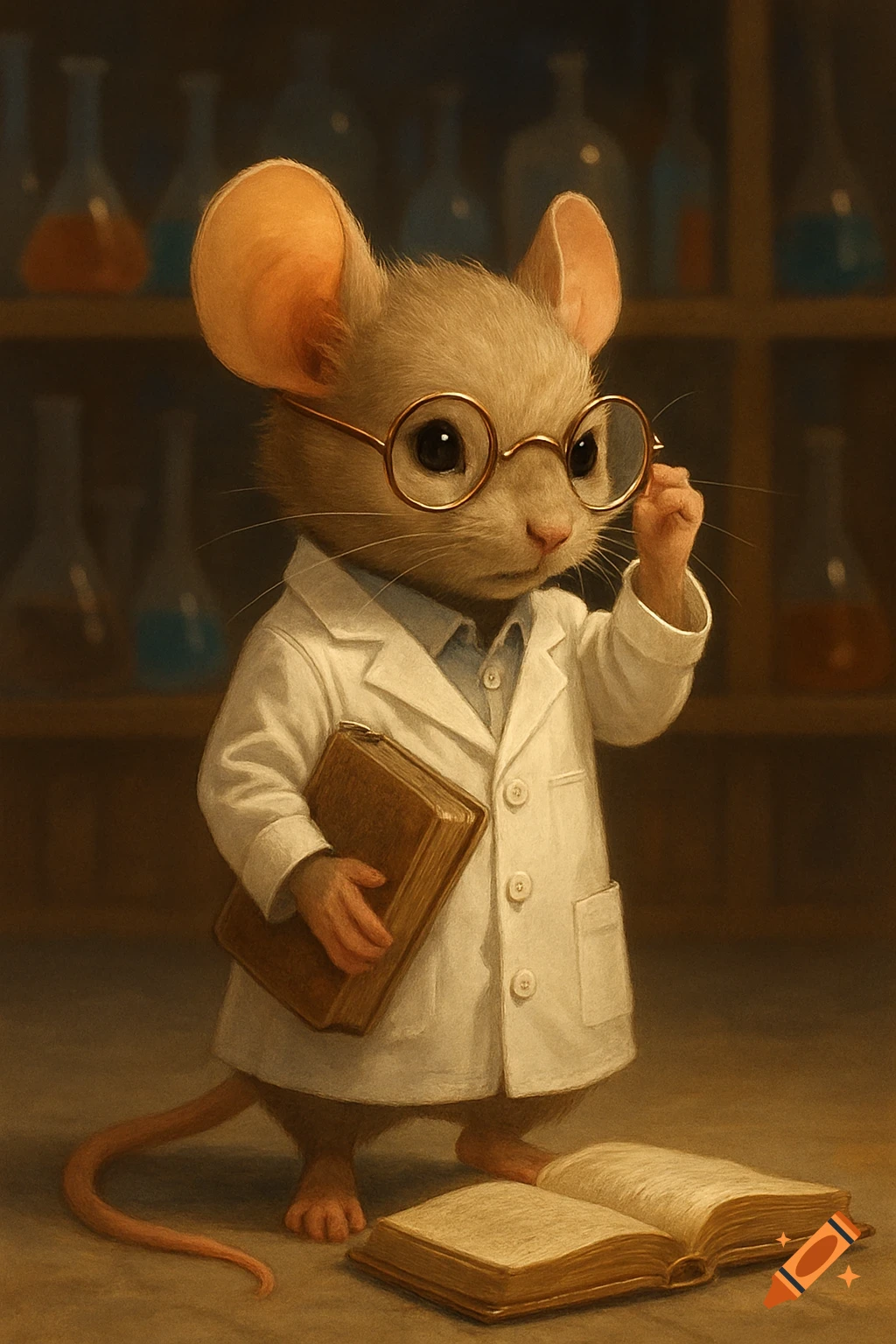 A cute, light-furred mouse in a white lab coat and round glasses holds a book, standing by an open book in a lab.