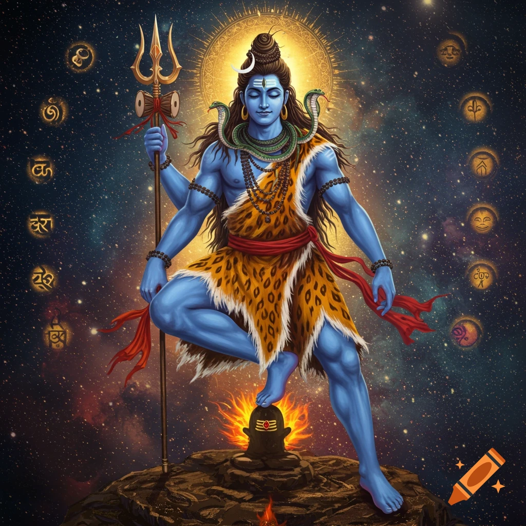 Blue-skinned Shiva, holding a trident, stands on a rock with a Shivling, against a cosmic background with glowing symbols.