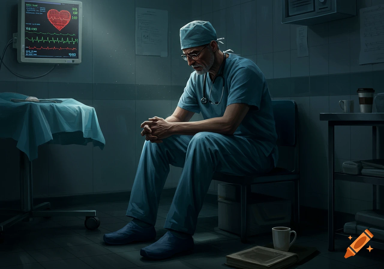 A sad surgeon in blue scrubs and cap sits in a dimly lit hospital room, hands clasped, looking down. A heart monitor shows a flatlining heartbeat.