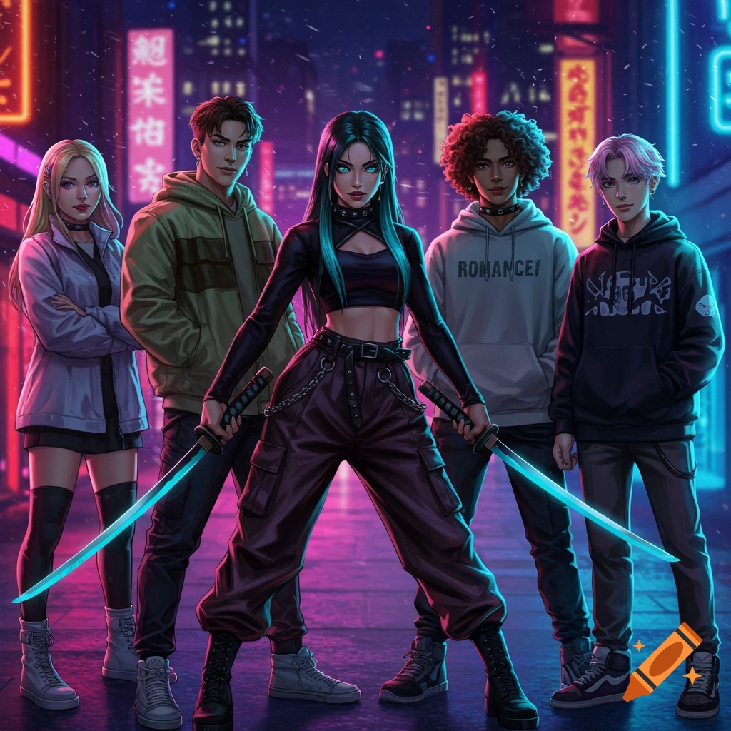 Five anime-style characters, a Kpop-inspired demon hunter group, pose dynamically in a neon-lit urban night setting. The central figure wields two glowing katanas.
