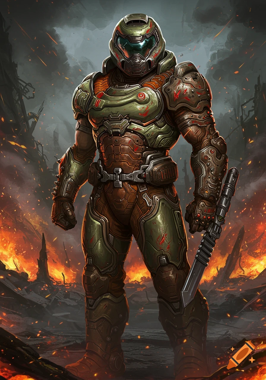 The Doom Slayer, in green and brown armor with a blade, stands in a ...