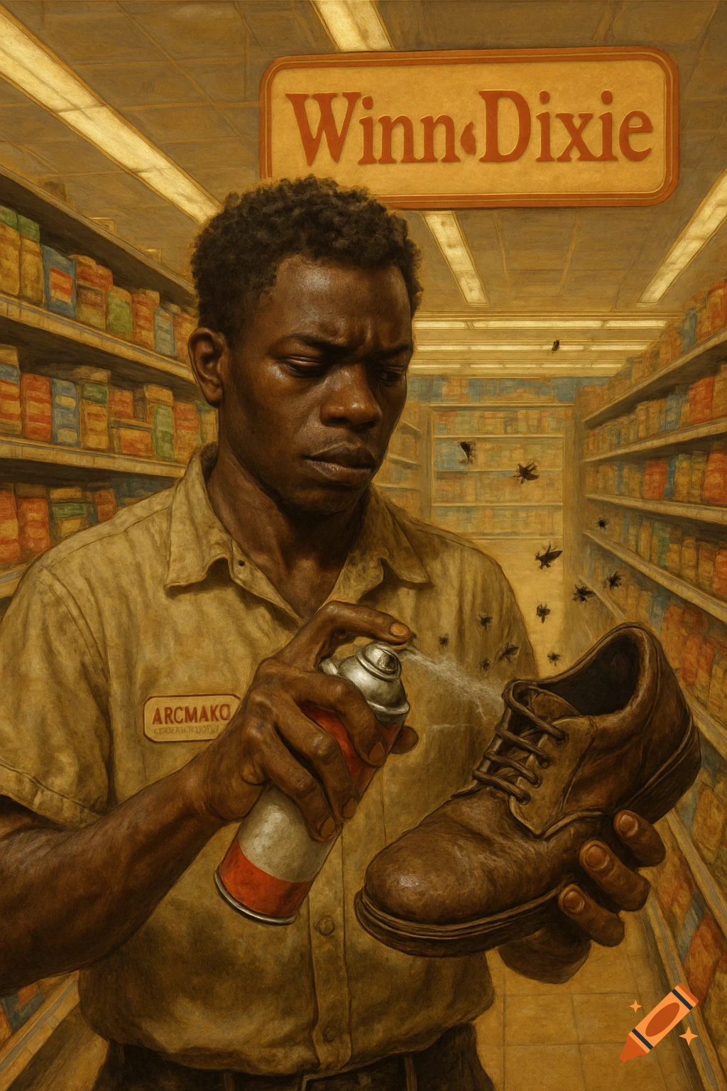 A man in a grocery store uniform sprays a shoe with an aerosol can while flies hover around it, in a painterly style.