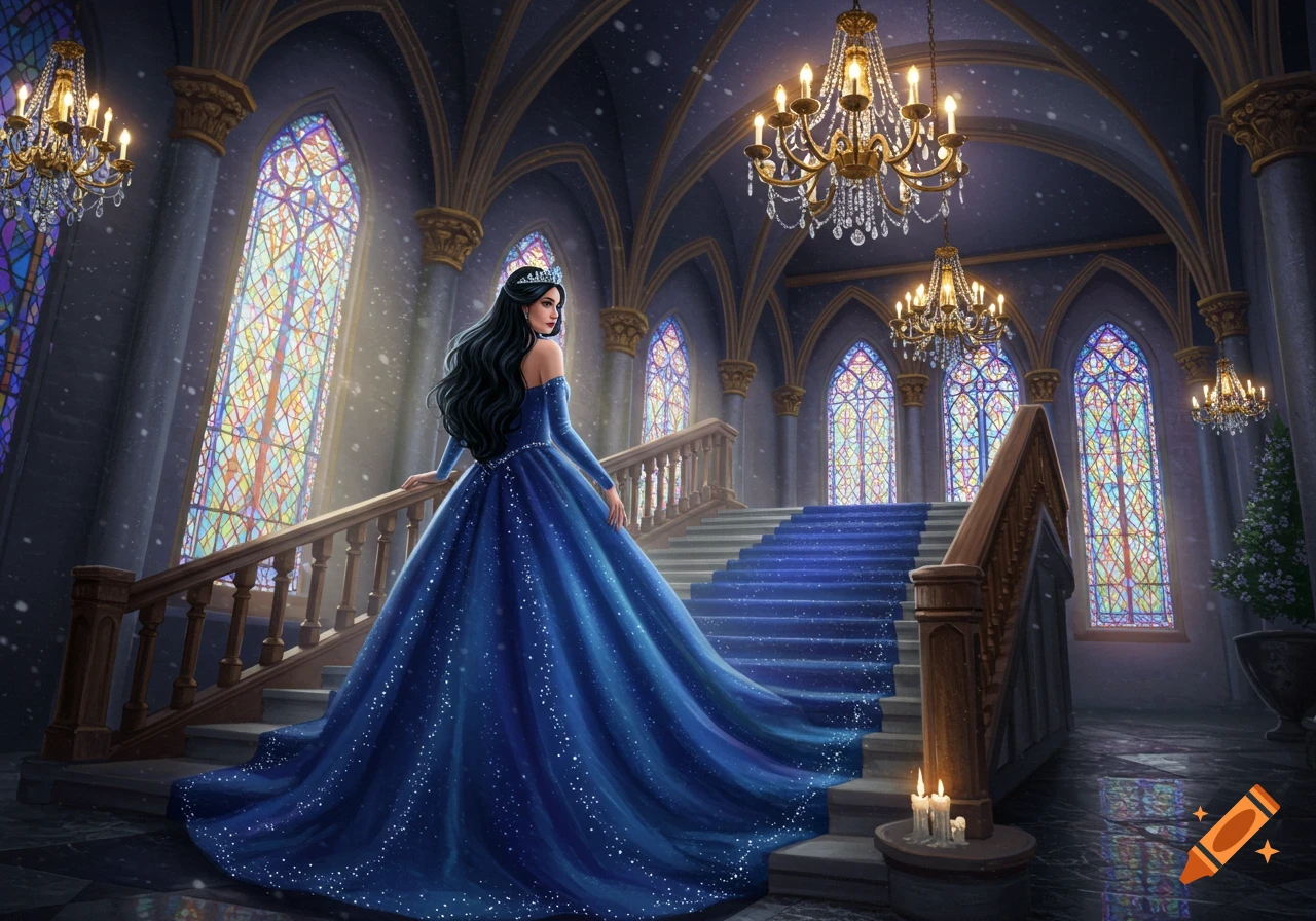 A princess in a sparkling blue gown descends a grand staircase in a majestic, snow-kissed castle hall with stained glass windows.