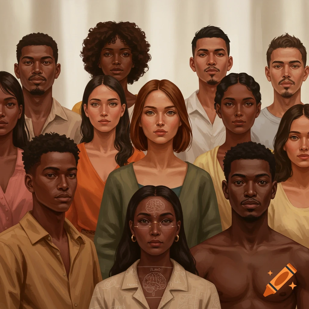 A group of diverse people with stylized brain outlines visible on some individuals, against a light background, in a semi-realistic art style.