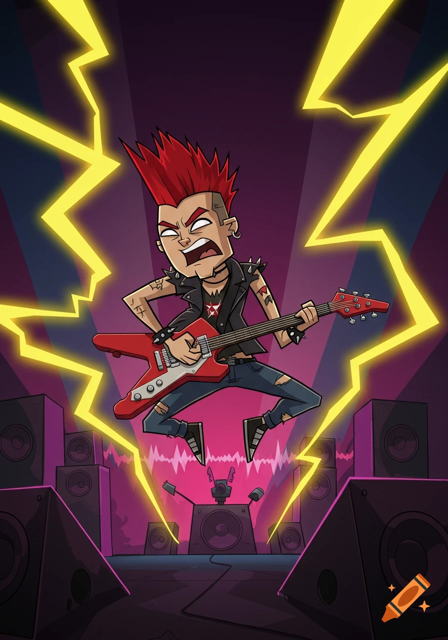 A cartoon punk rocker with red liberty spikes hair jumps while playing a red electric guitar on a stage with large speakers. Yellow lightning strikes around him.