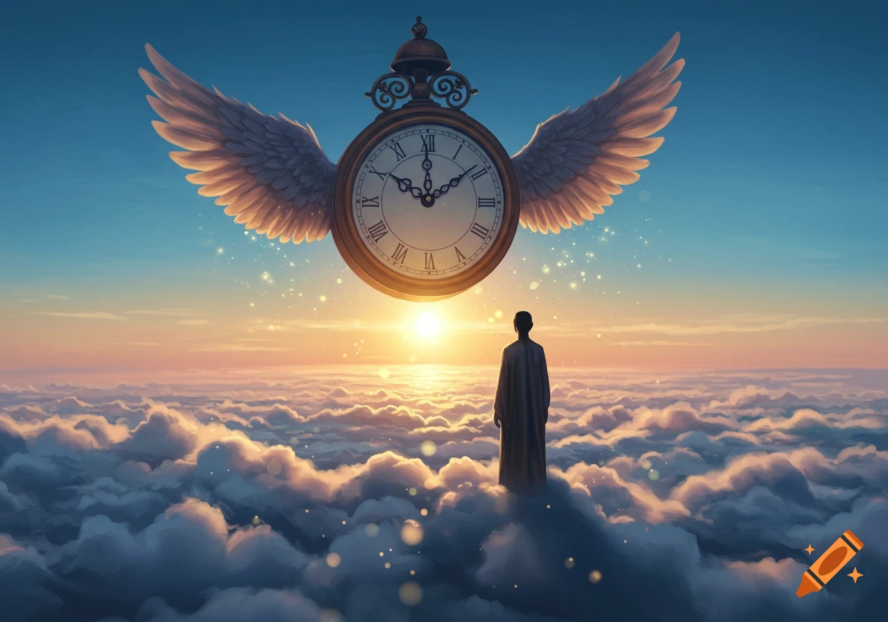 A lone figure stands on clouds, looking up at a large, winged pocket watch floating in a colorful sunrise or sunset sky.