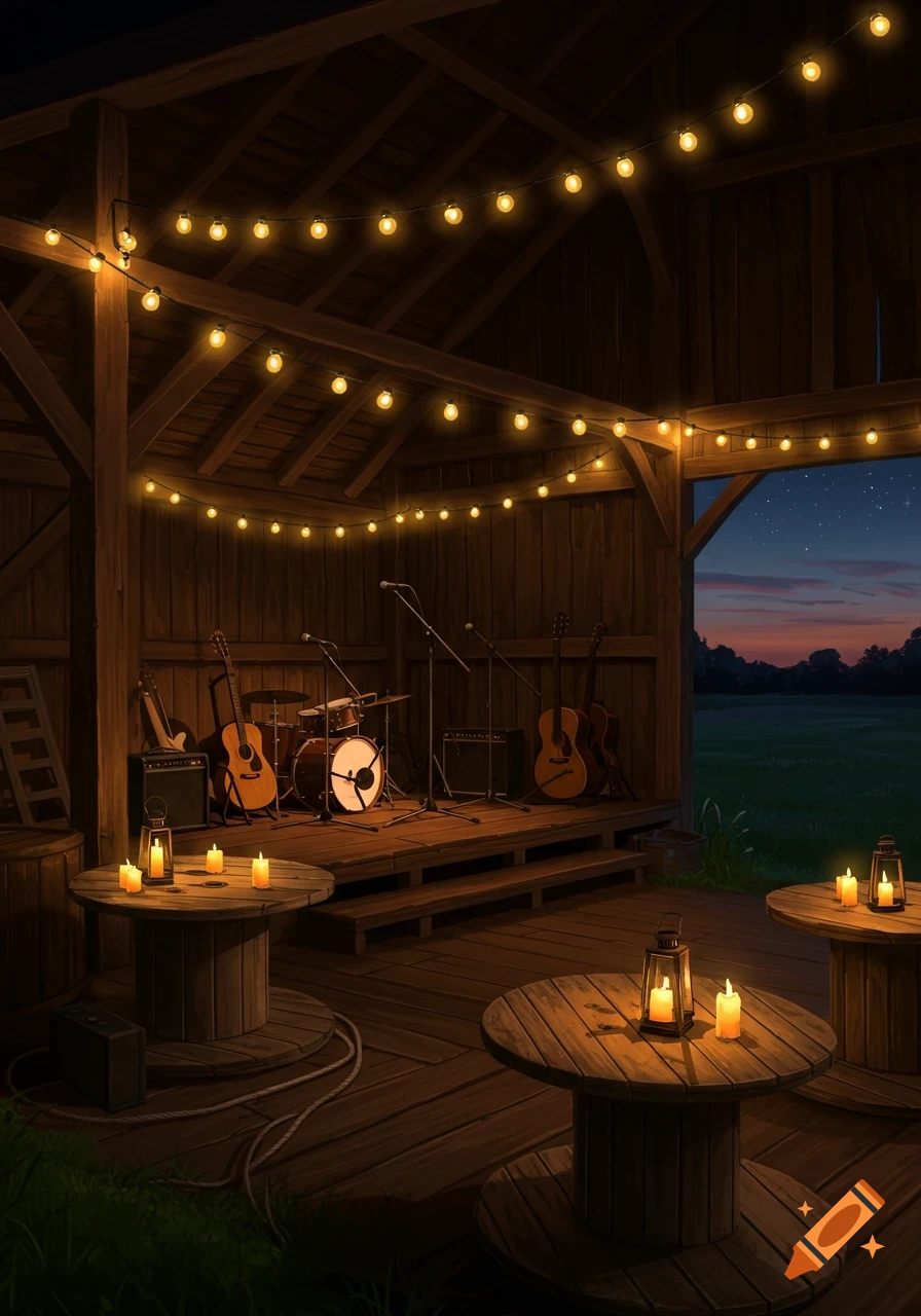 A rustic barn music venue at night, with string lights, a stage featuring guitars and drums, and candlelit wooden spool tables.