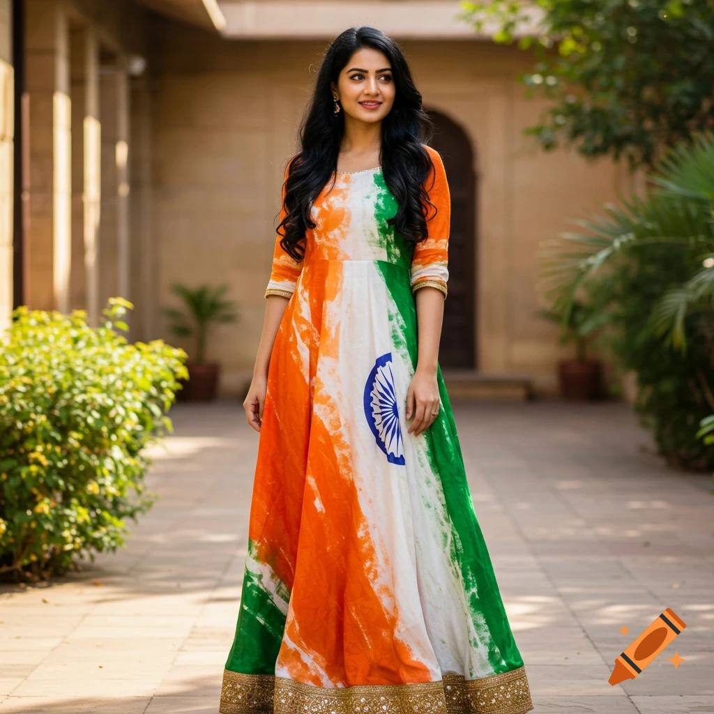 A beautiful Indian woman with long black hair smiles, wearing a flowing dress patterned with the Indian flag motif in orange, white, and green with a blue Ashoka Chakra.