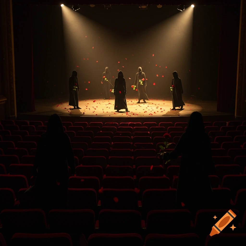 Darkened theatre with shadowy figures holding red roses on stage and in the audience, with petals scattered.