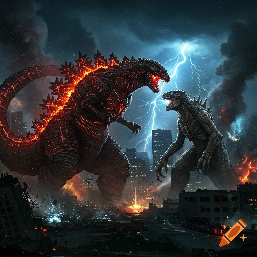Shin Godzilla with glowing red cracks battles the Cloverfield monster in a devastated city during a lightning storm.