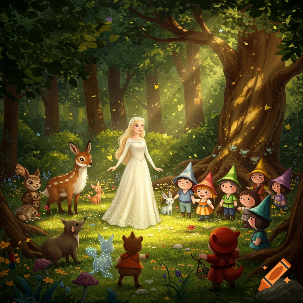 A blonde woman in a white dress stands in a magical forest clearing with deer, rabbits, and gnomes in colorful hats, illustrated style.