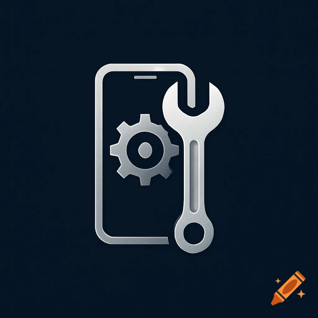 A metallic silver smartphone icon with a gear inside and a wrench beside it on a dark blue background, symbolizing mobile repair.