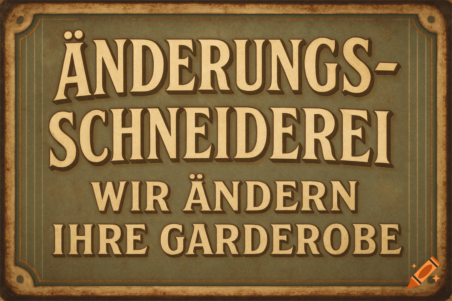A retro-style green and brown sign with bold beige German text: 'Änderungsschneiderei, wir ändern ihre Garderobe'.