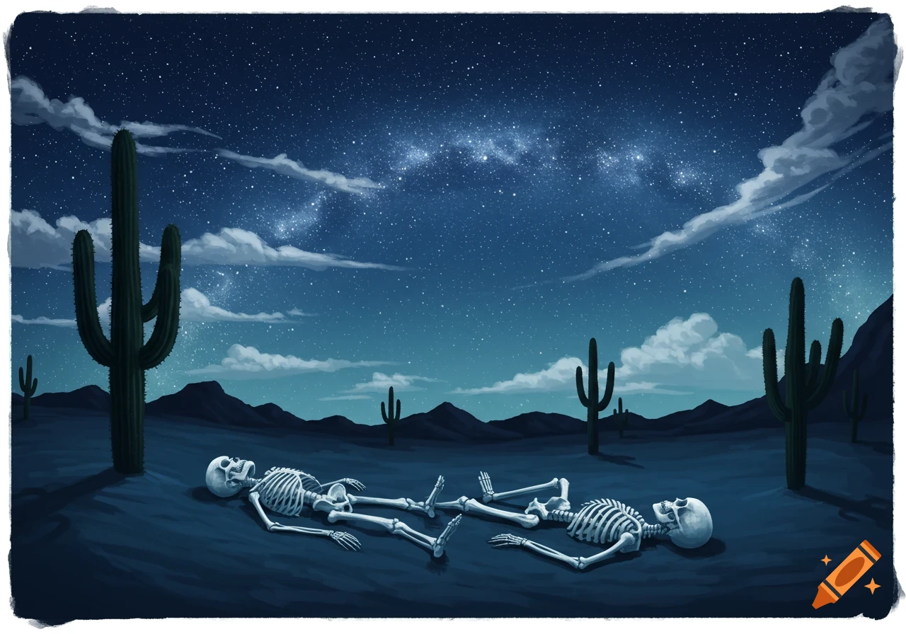 Two skeletons lie on the ground in a desert landscape at night under a starry sky with saguaro cacti.