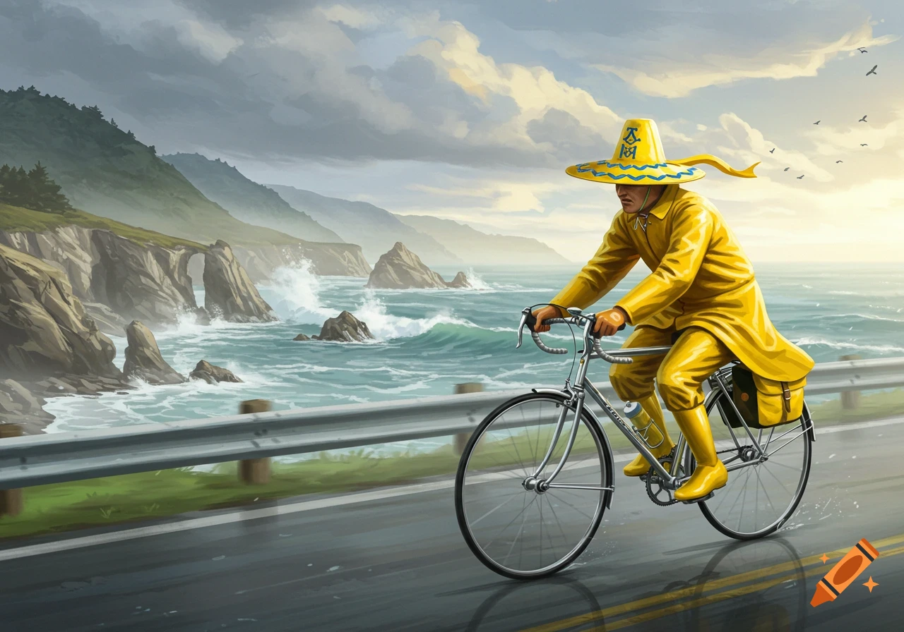 Illustration of a man in a yellow raincoat and large sombrero cycling on a coastal road next to a stormy ocean with rocky cliffs.