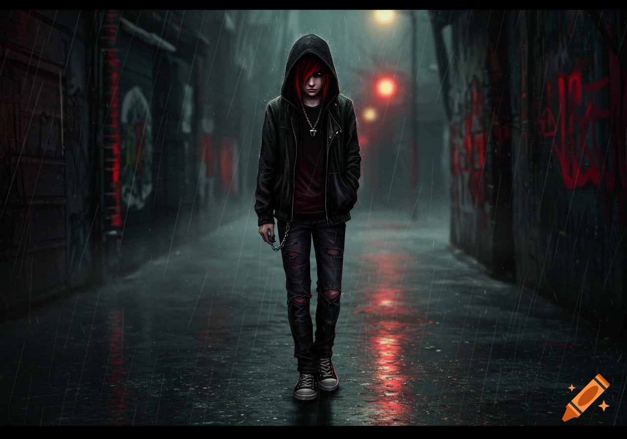 A person with red hair, wearing a black hoodie and ripped jeans, walks alone in a dark, rainy alley with graffiti-covered walls.