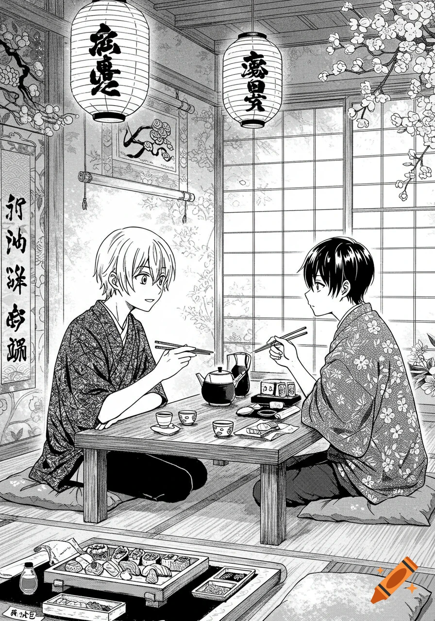A black and white manga-style illustration of two young people in kimonos eating at a low table in a traditional Japanese restaurant, with lanterns and cherry blossoms.