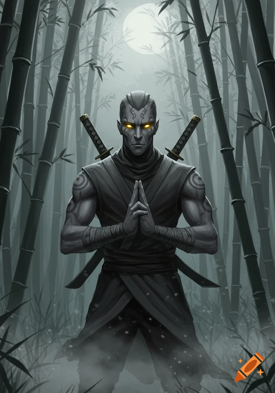 A grey-skinned ninja with glowing yellow eyes stands in a bamboo forest under a full moon, with katanas on his back and hands pressed together in a martial arts pose.