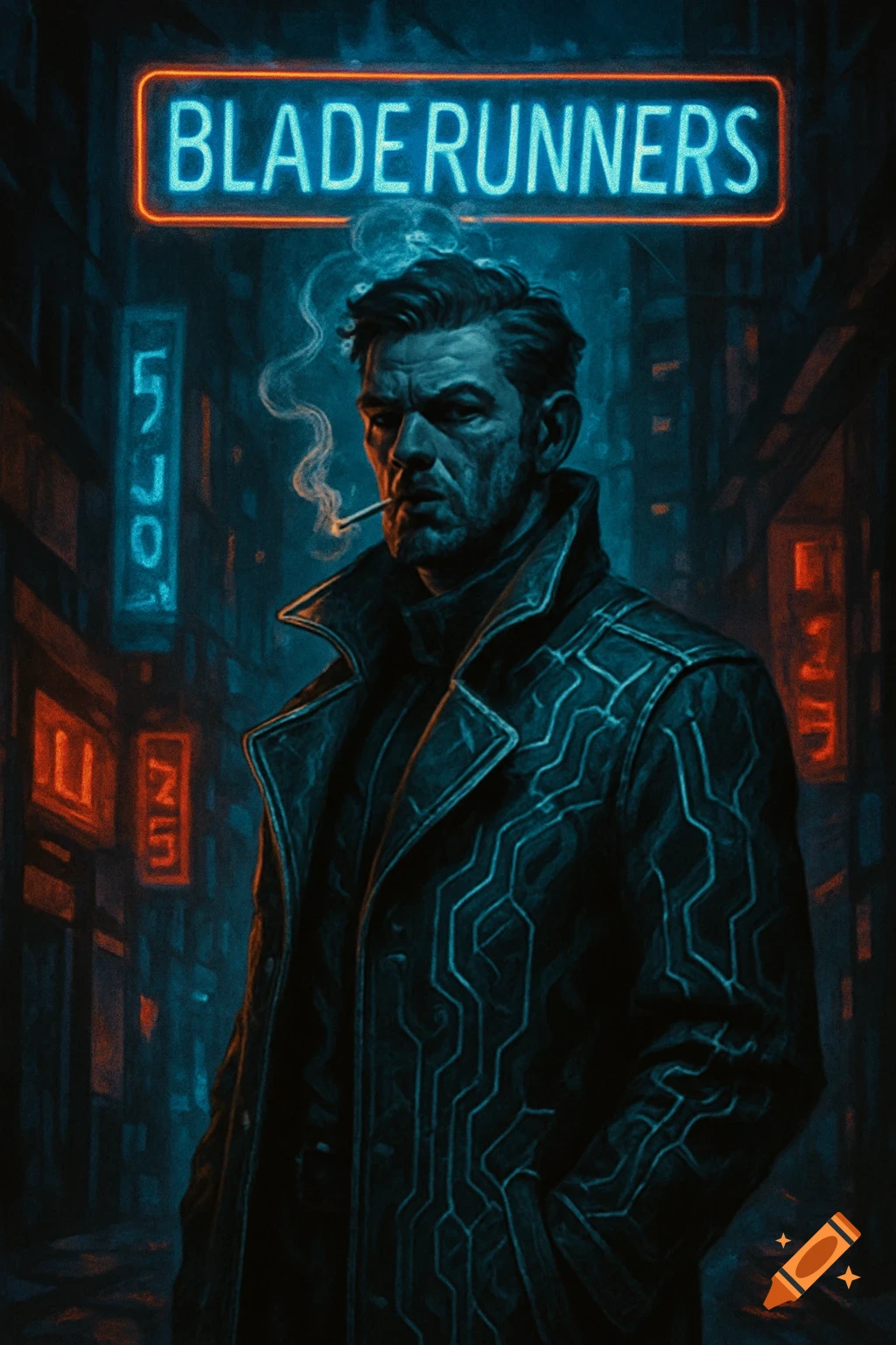 A rugged man with a cigarette stands in a dark, neon-lit cyberpunk city, with a glowing "BLADE RUNNERS" sign above him in a stylized illustration.