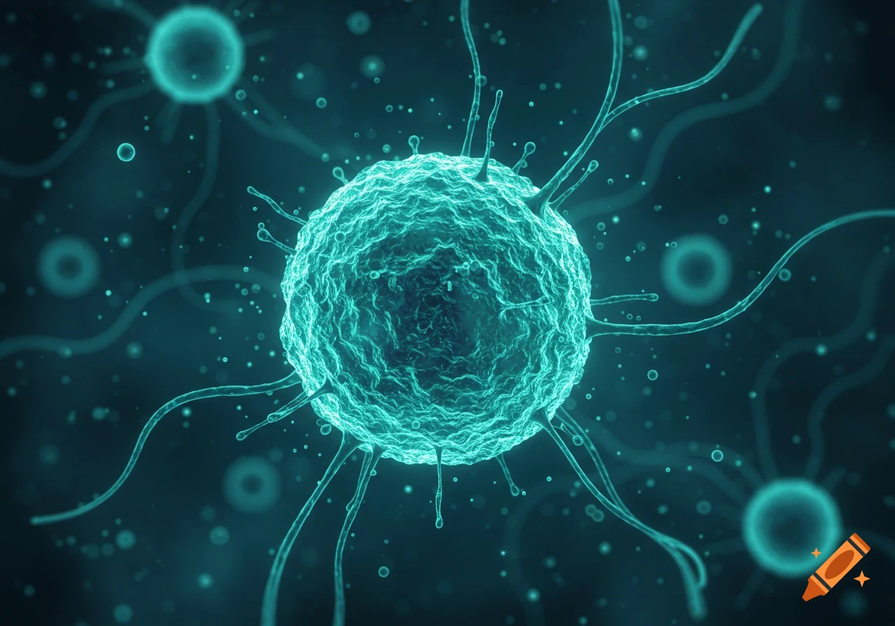 A glowing teal-colored microscopic cell with numerous tentacle-like projections, surrounded by smaller cells and particles in a dark teal fluid.