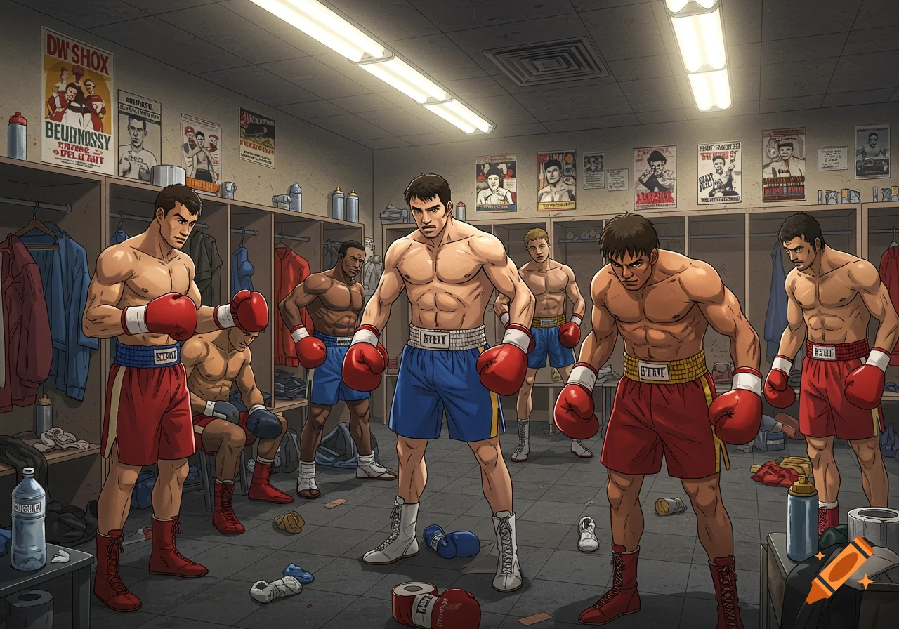 Muscular male boxers in boxing shorts and gloves in an anime-style dressing room with lockers and posters.