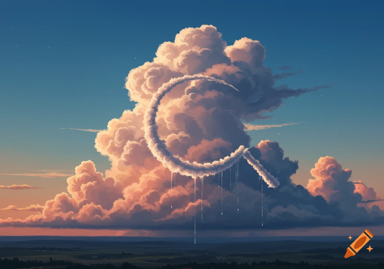 A dramatic sickle shape formed by large, golden-lit clouds in a blue sky over a dark, sprawling landscape at sunset.