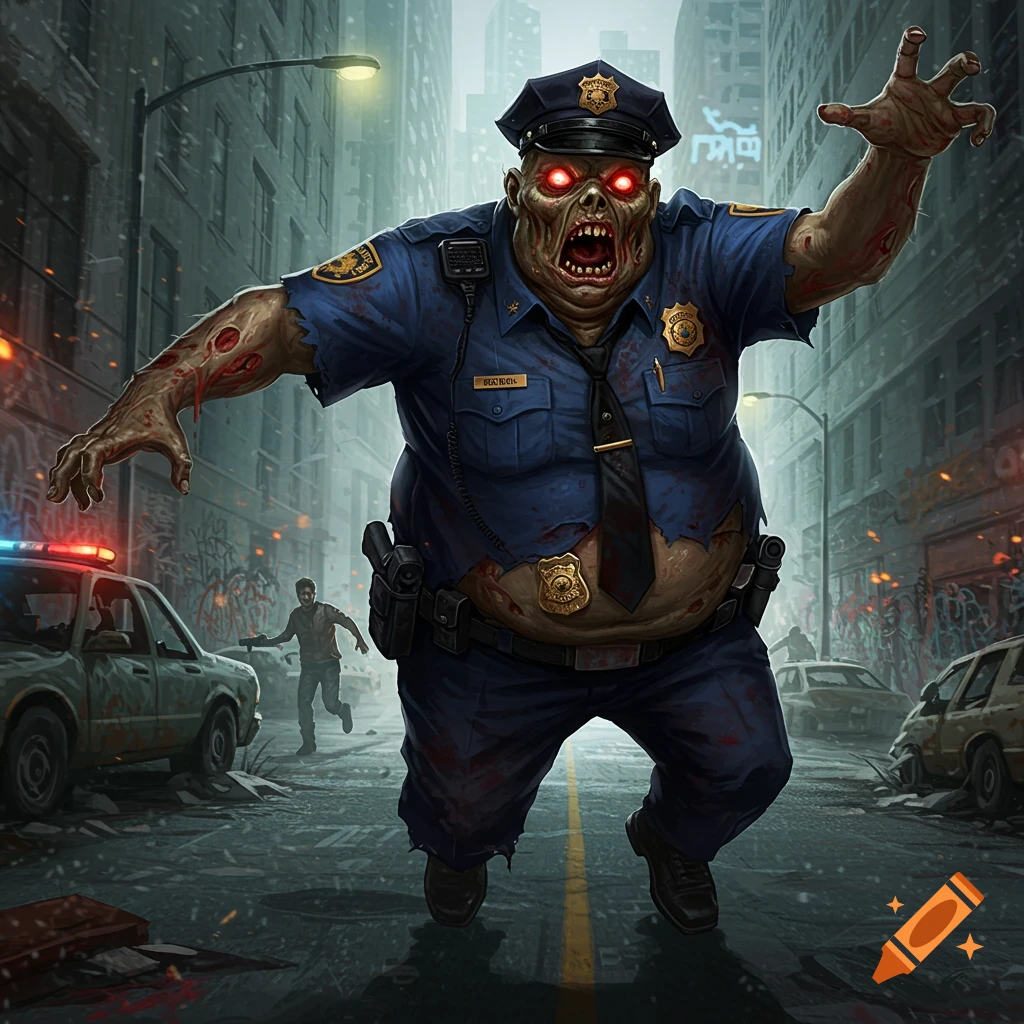 An angry, decaying zombie police officer with glowing red eyes chases a terrified human survivor down a desolate, graffiti-covered city street with abandoned cars.