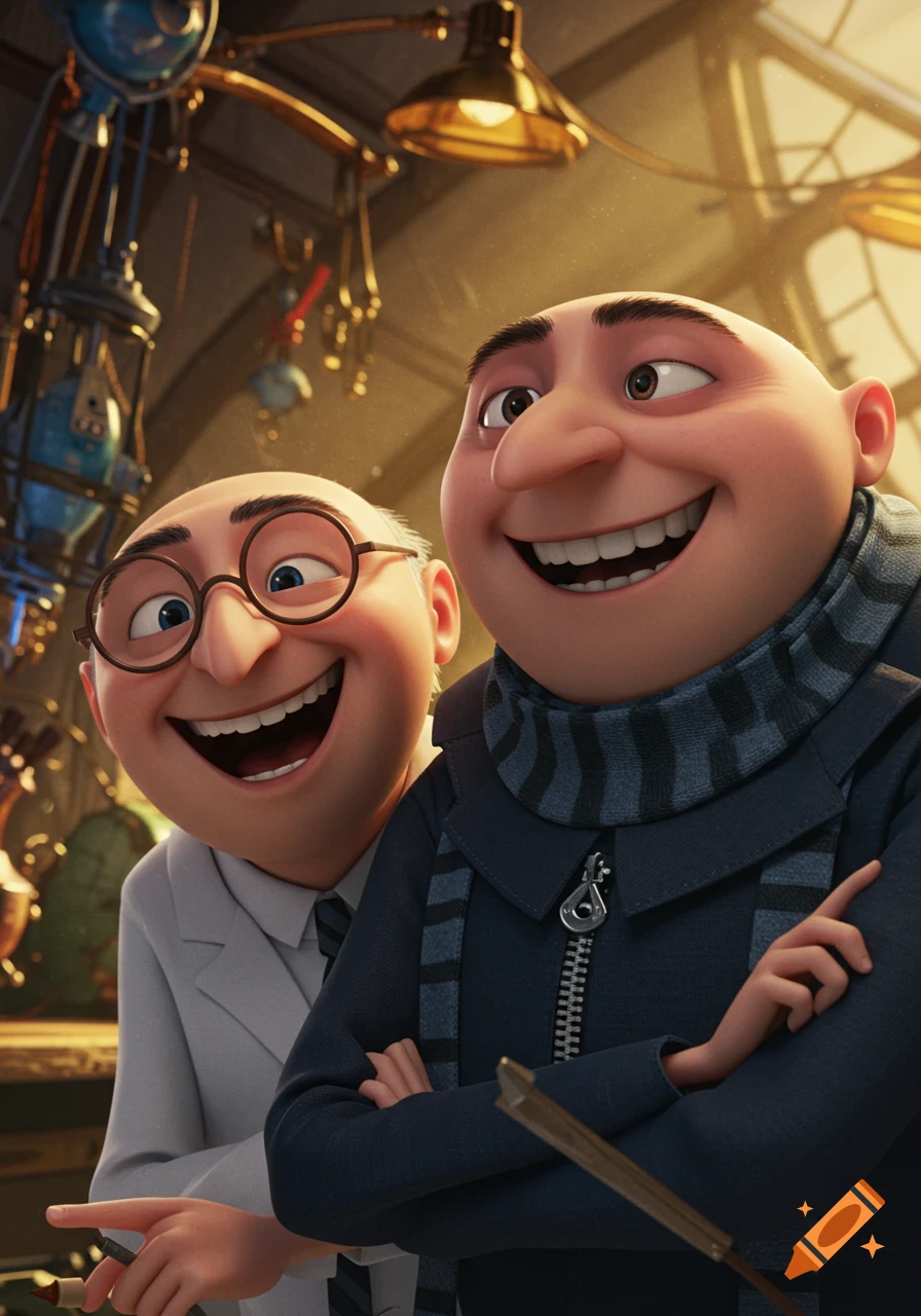 Animated characters Gru and Dr. Nefario from Despicable Me laughing together in a detailed CGI style.