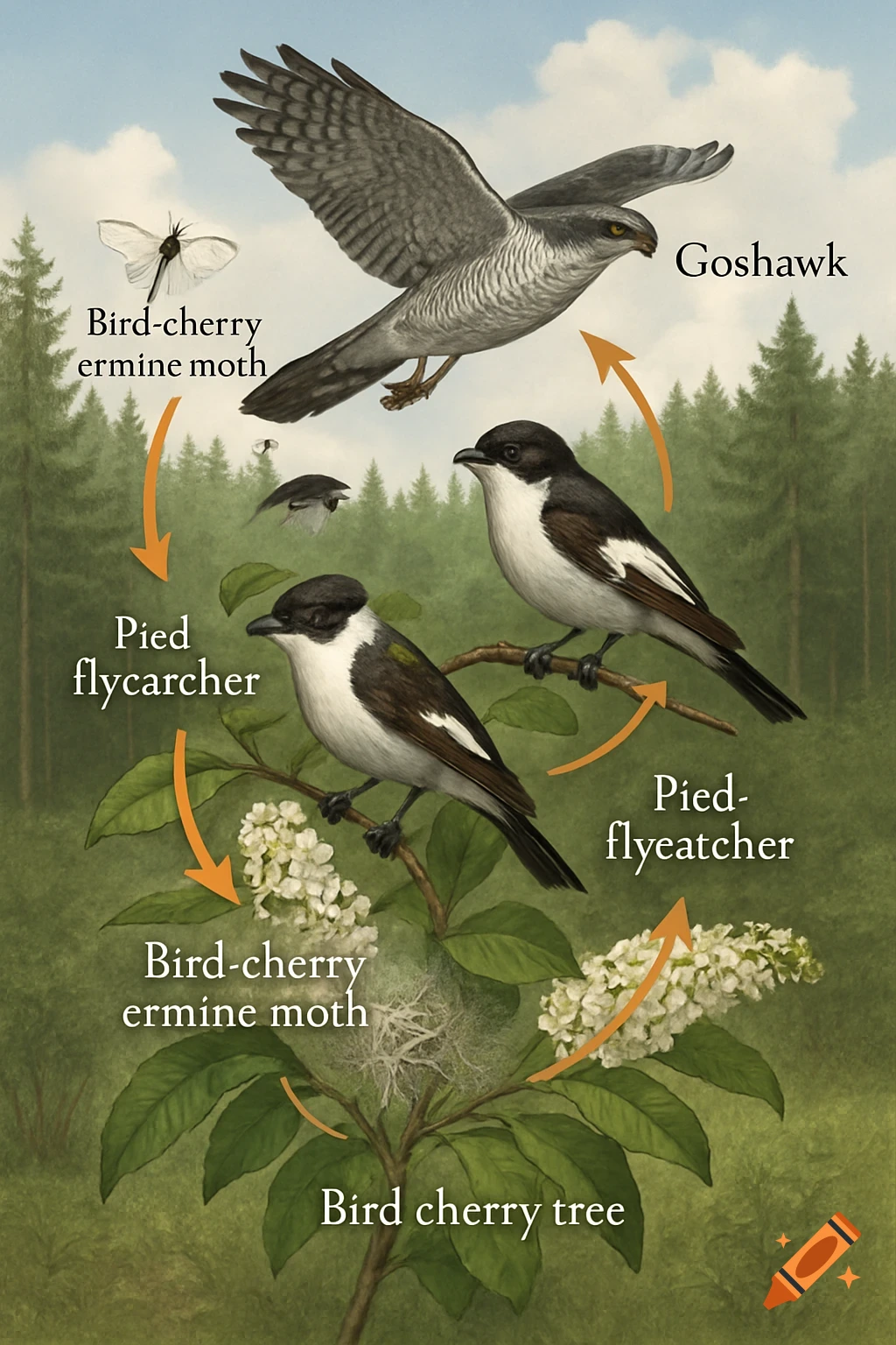 An educational illustration of a food chain, with a goshawk, two pied flycatchers, a bird-cherry ermine moth, and a bird cherry tree, connected by orange arrows.